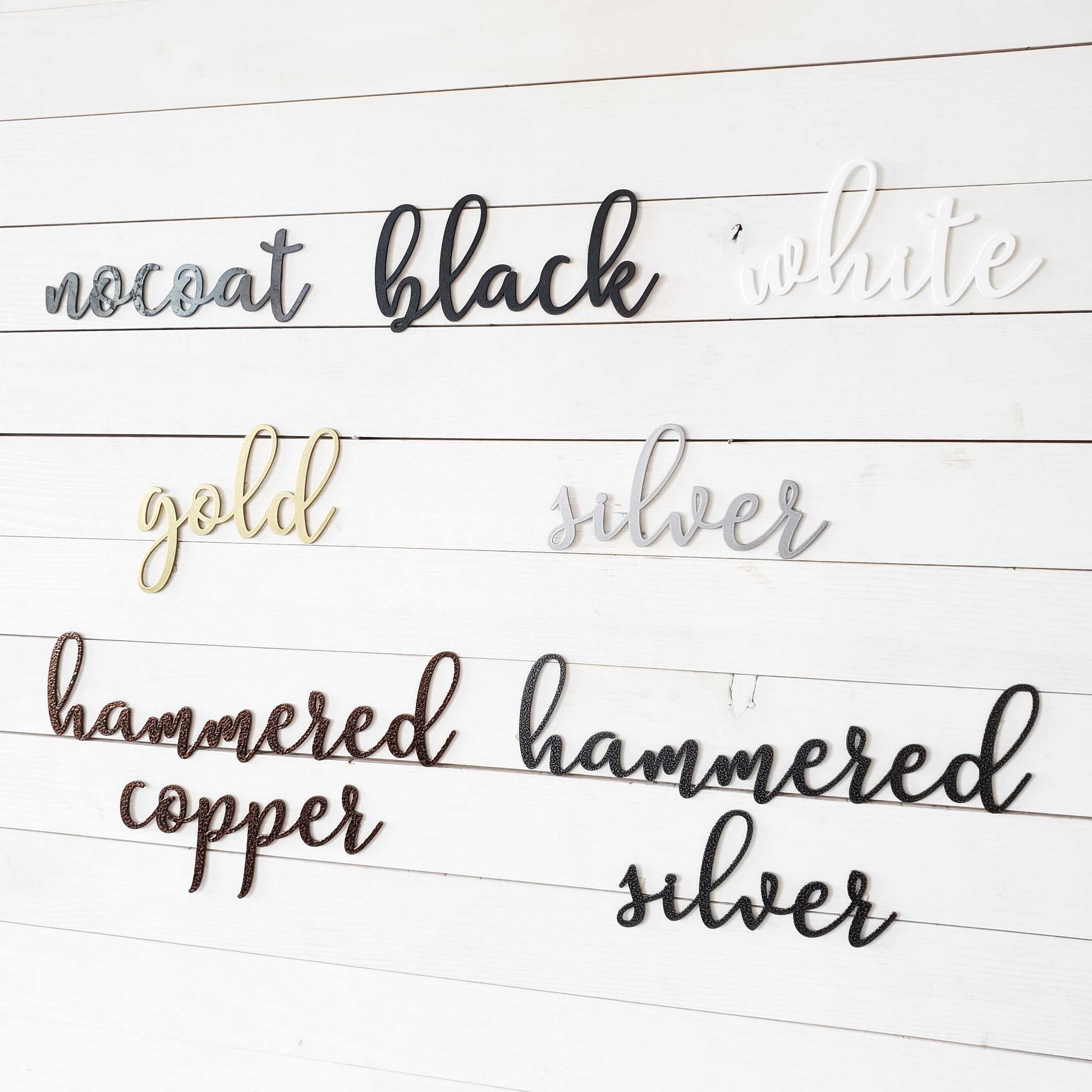 Metal Sign Coating Options; no coating, black, white, gold, silver, hammered copper and hammered silver.